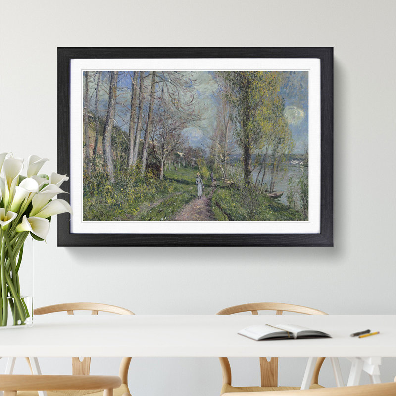Banks of the River Seine by Alfred Sisley - Picture Frame Painting, 27cm H x 36cm W x 2cm D, Black Framed