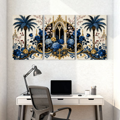 Plantes et fleurs, roses bleues, ornement gothique, palmiers, ensemble de 3 impressions sur toile