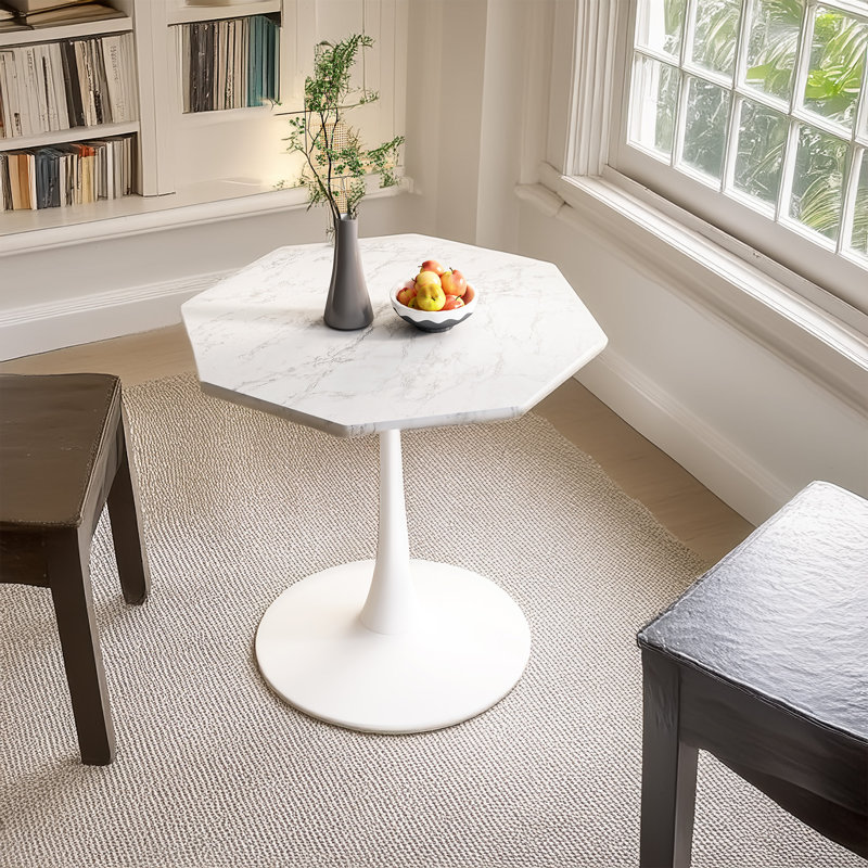 Table basse 31,50 "octogonale, base en métal, Plateau en marbre blanc / base blanche