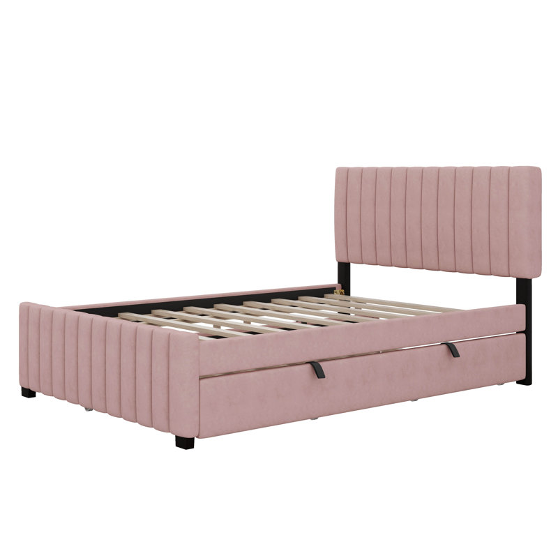 Lit plateforme double, structure de lit tapissier en bois avec lit gigogne simple et tête de lit capitonnée verticale, Rose