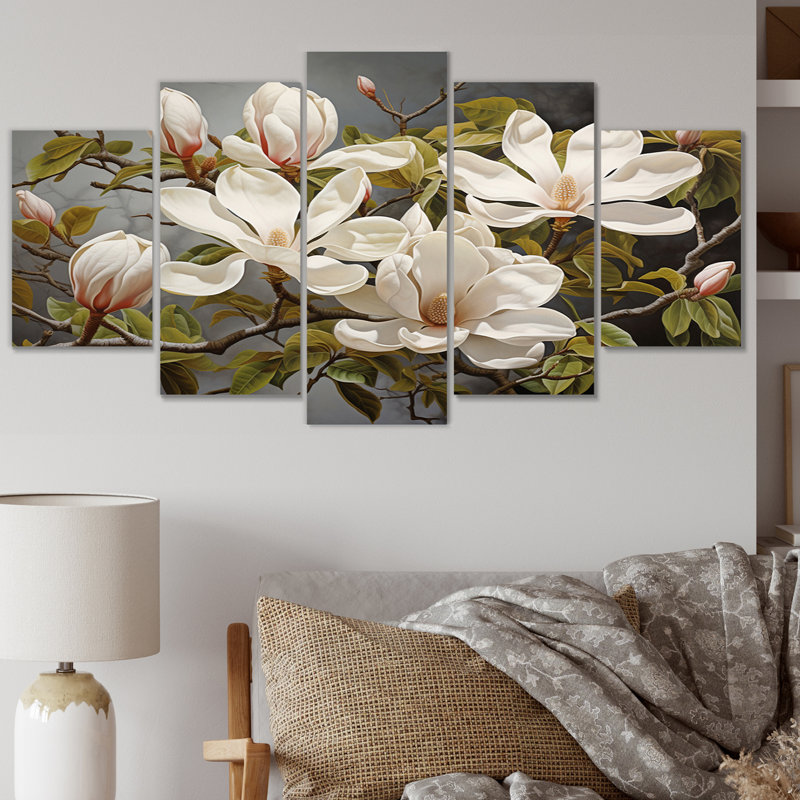 Magnolia blanc et vert Magnolia Serenity - décoration murale florale - 5 panneaux
