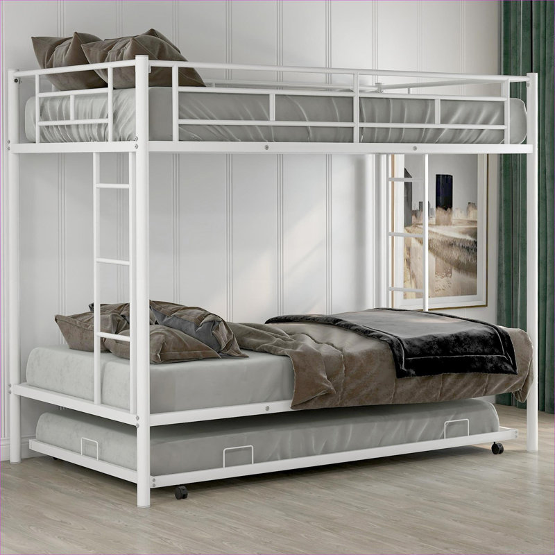 Three Sleeping Space Bunk Bed For Small Shared Bedrooms Soft White Metal With Additional Pullout Trundle
