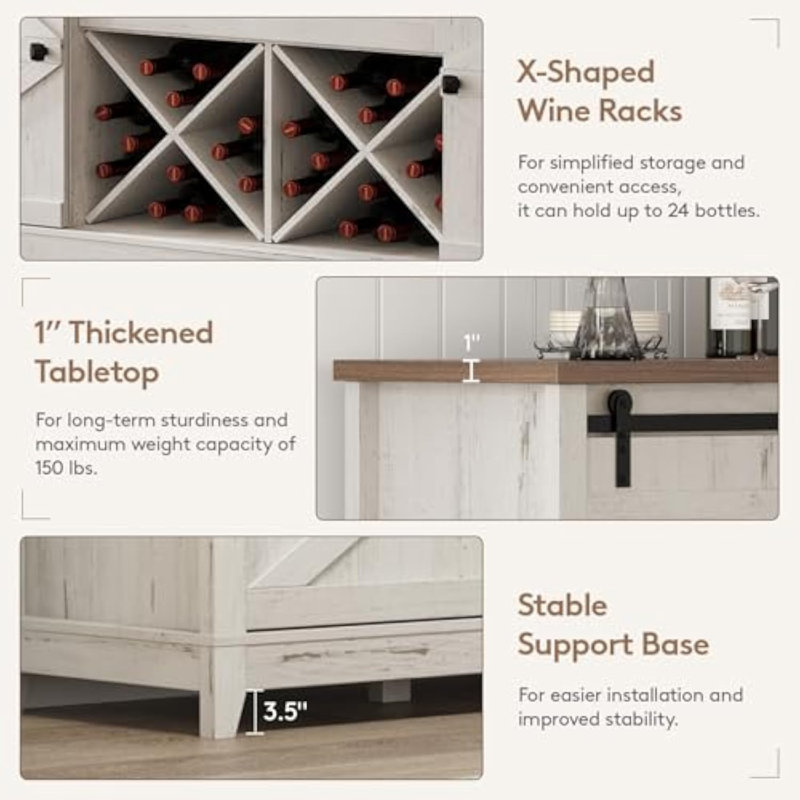Farmhouse Sideboard With Sliding Bar Door And 2 Power Outlets/2 Usb Ports, Buffet Cabinet, Wine Racks, 3 Extra Drawers And 2 Storage Cabinets With Adjustable Shelf For Dining, Rustic White