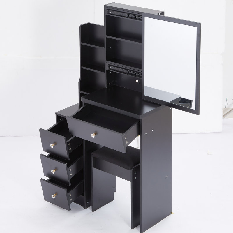 Table de coiffeuse noire avec tabouret rembourré et miroir coulissant, rangement multicouche pour les petites chambres à coucher, siège compact de style américain, très grand espace de chambre étroite à couches multiples