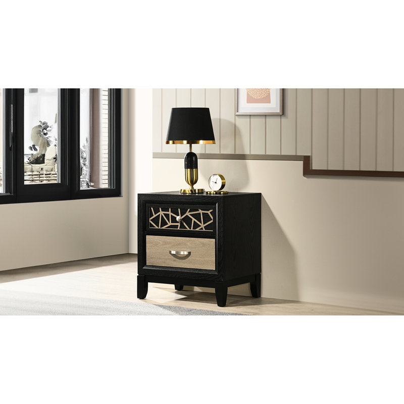 Table de chevet contemporaine en bois noir et naturel avec chambre à coucher à deux places en bois massif