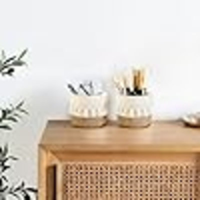 Macrame Makeup Brush Holder Organizer Comb Brushes Mini Storage Basket Set Of 2 Boho Decor Baskets For Pen Pencil Box Container,Yellow And White