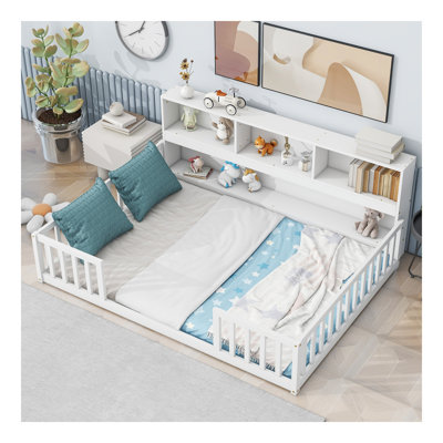 Full Floor Bed With Side Bookcase,Shelves,Guardrails,White