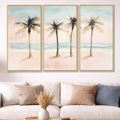 «Tropical Palm Leaf», art botanique côtier sur toile - ensemble d'art mural encadré 3 pièces Jamil
