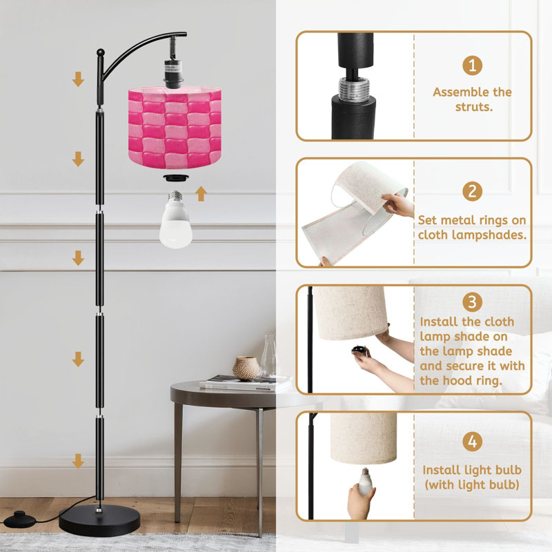  Arc Floor Lamp Pink checkered board repeatable hot pink Tall Modern Standing Lamp LED Adjustable Linen Lampshade 3 Color Temperatures