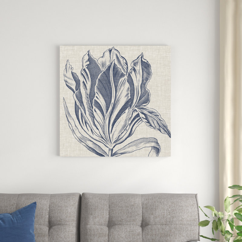 Indigo floral sur lin I, H 30 po x l 30 po x P 1,25 po