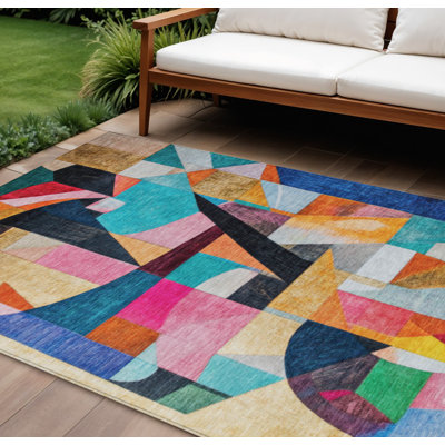 Tapis intérieur/extérieur lavable à motifs abstraits bleus, oranges, roses et jaunes, 3 m x 4,2 m