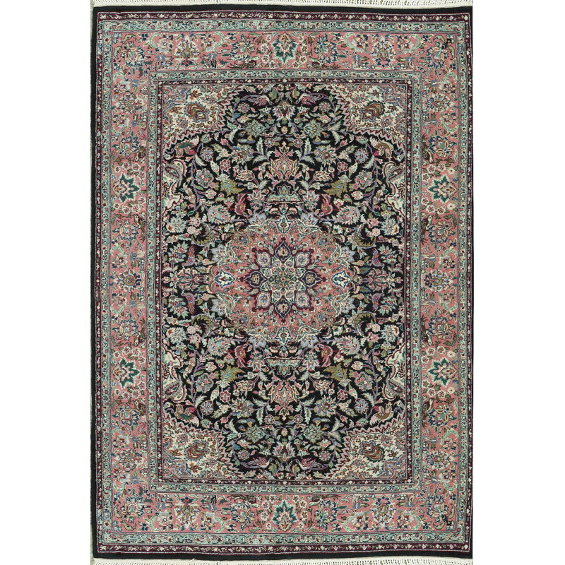 Wool Oriental Area Rug in Black/Pink/Green