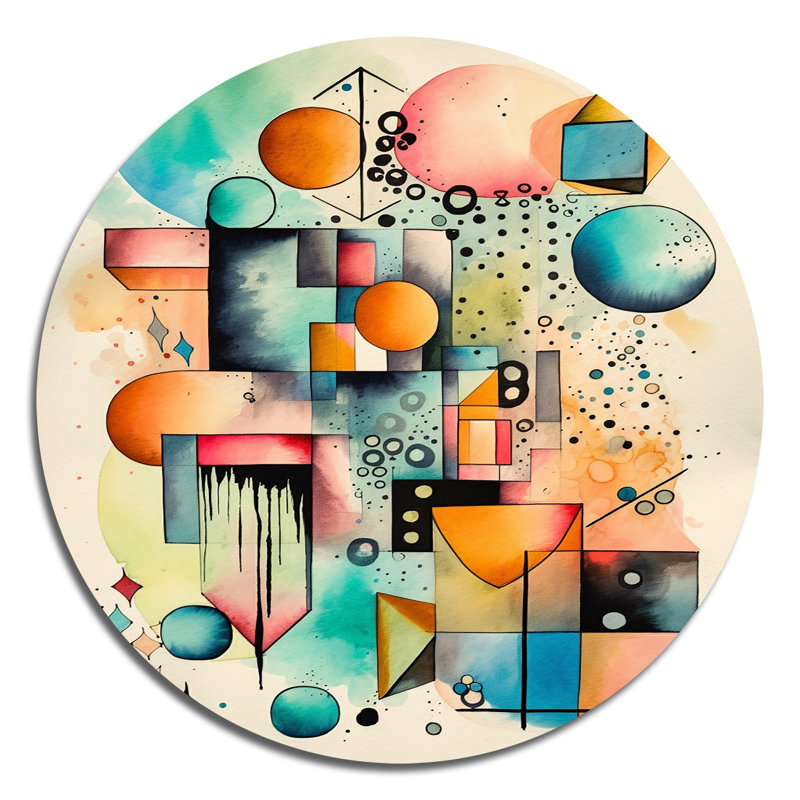 «Blue and Orange Geometric Balance III», art mural rond abstrait géométrique sur métal, H 16 po x l 16 po x P 1 po
