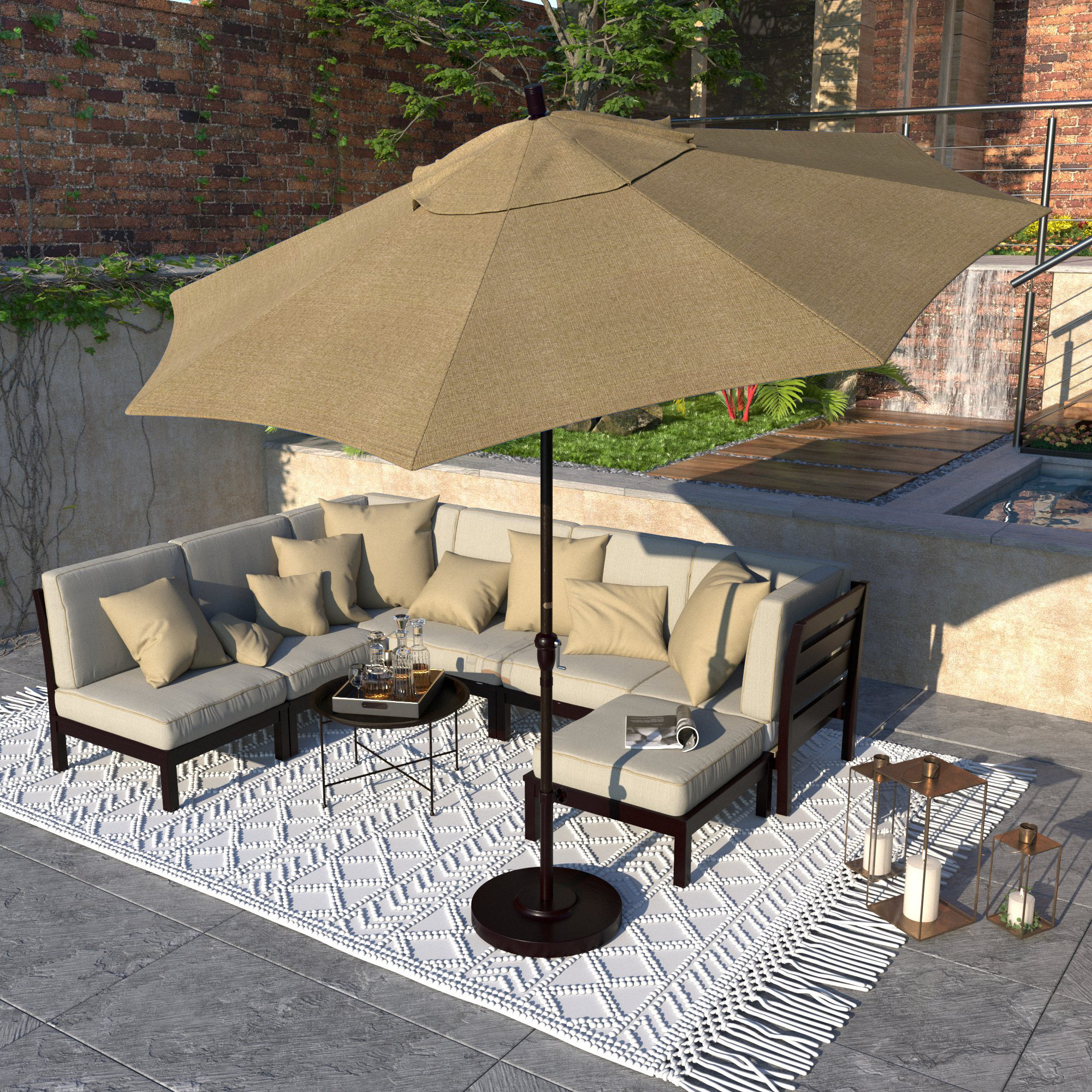 Camry 9-Foot Bronze Aluminum Market Patio Umbrella With Crank Lift And Autotilt In Sunbrella®, Sesame Sunbrella® Linen