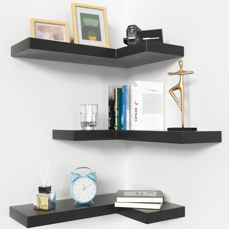Floating Corner Shelves With Invisible Brackets - Set Of 3 Wall Mounted Shelves For Bedroom, Bathroom, Kitchen, Living Room & Office - Sturdy Natural Wood Gothic Style Shelving