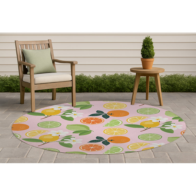 Tapis d'extérieur Sunny Citrus, Rose, Rond 5 pi
