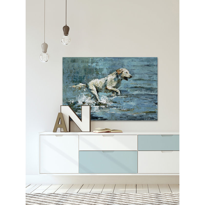 « dog splashing », reproduction sur toile tendue, H 24 po x l 36 po x P 1,5 po
