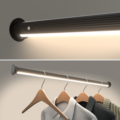 Matte Black Round Ridged 48" LED Hanging Closet Rod with Motion Sensor Lighting [Power Supply Sold Separately]