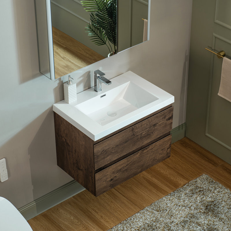 Meuble-lavabo flottant mural 30 po avec comptoir en résine composite, Blanc, Chêne naturel, 30"