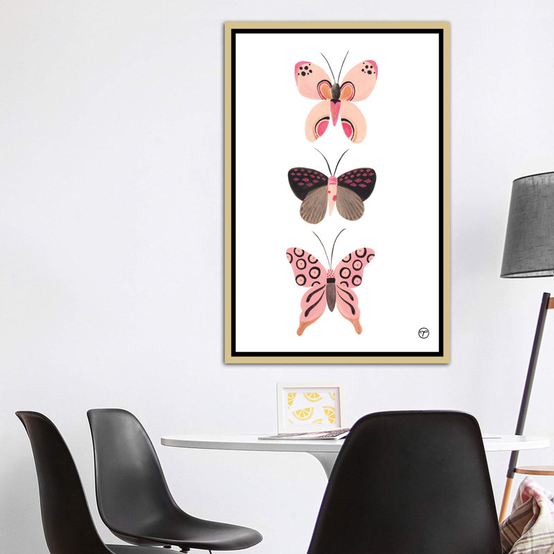 «Butterfly Trio», art encadré, H 60 po x l 40po x P 1,5 po, Toile encadrée d'or