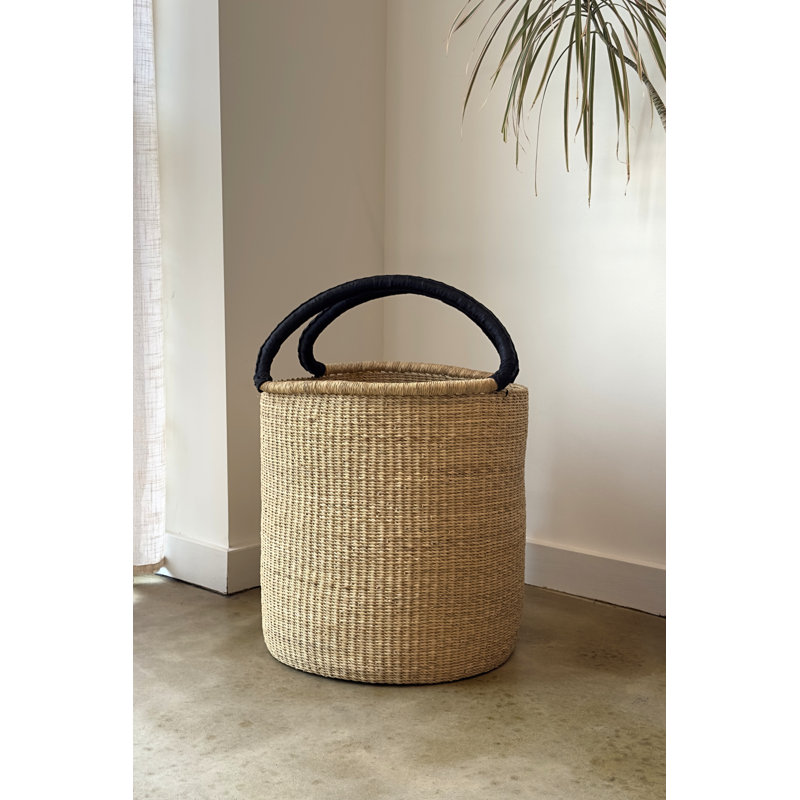 Handwoven Double Weave Hamper Basket with Leather Handles