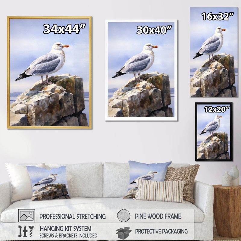 Décoration murale mouette au bord de la mer II - Animaux, Cadre simple noir, H 20 po x l 12 po x P 1 po