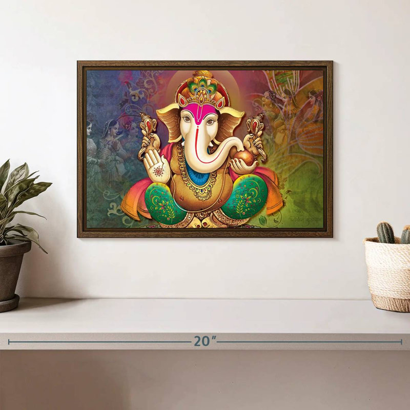 Divinité indienne Ganesh, 13 po x 9 po, Cadre flottant noyer