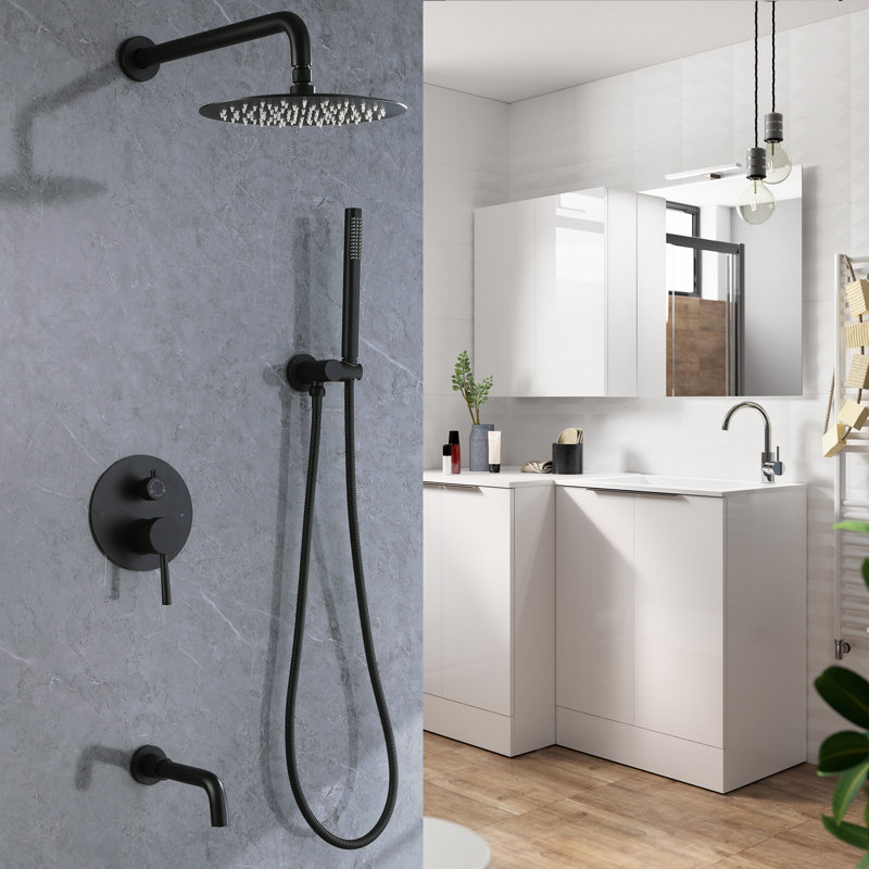 10" Wall Mounted Rainfall Shower System with 360° Rotatable Tub Spout and Handheld Shower, Black