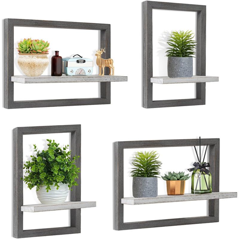 Floating Wall Shelves Set Of 4, Rustic Wooden Hanging Shelves With Hidden Brackets For Bathroom, Living Room, Kitchen Storage And Wall Decor