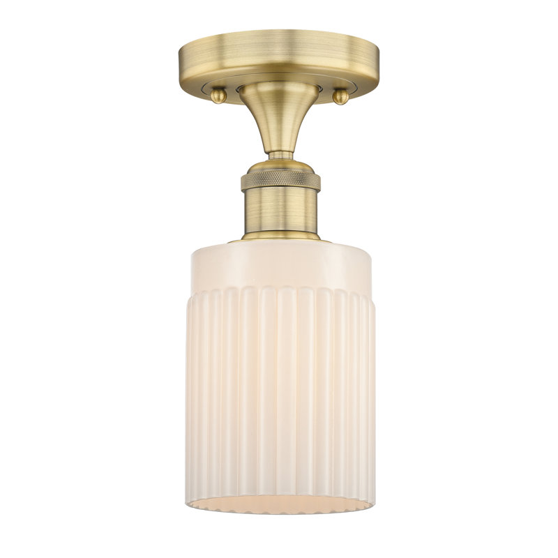 Kamena Glass Semi Flush Mount, Matte White, 9.13" H x 4.5" W x 4.5" D, Brushed Brass