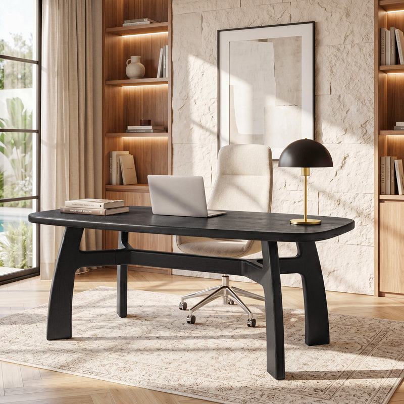 Bureau d'ordinateur en bois massif de 63 pouces, bureau en forme de bateau