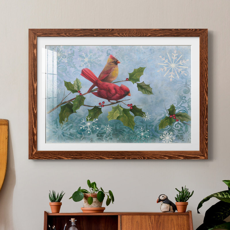 Winter Cardinal Duet I - Reproduction de cadre photo sur papier, H 31 po x l 44 po x P 1 po, Papier avec cadre érable