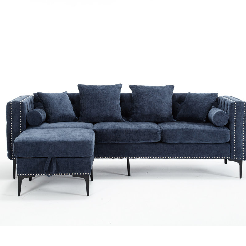 Canapé modulaire moderne à 3 places avec revêtement en chenille, accoudoir carré et rangement, Bleu