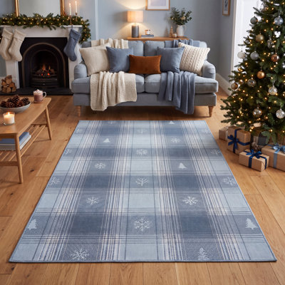 Tapis d'hiver Cukurova à carreaux modernes bleus, gris et blancs, antidérapant, à poils courts, pour l'intérieur et l'extérieur, adapté aux animaux de compagnie, salon, chambre, salle à manger, entrée, corridor, bureau, décoration de fêtes, lavable