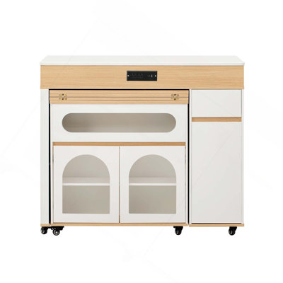 Extendable Dining Table With Folding Top And Storage Cabinet, Rolling Kitchen Island With Drawers, Power Outlet And Brake Lock For Kitchen And Dining Room