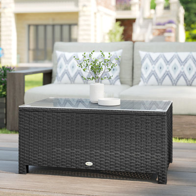 Table basse d'extérieur en rotin avec plateau en verre trempé, gris foncé