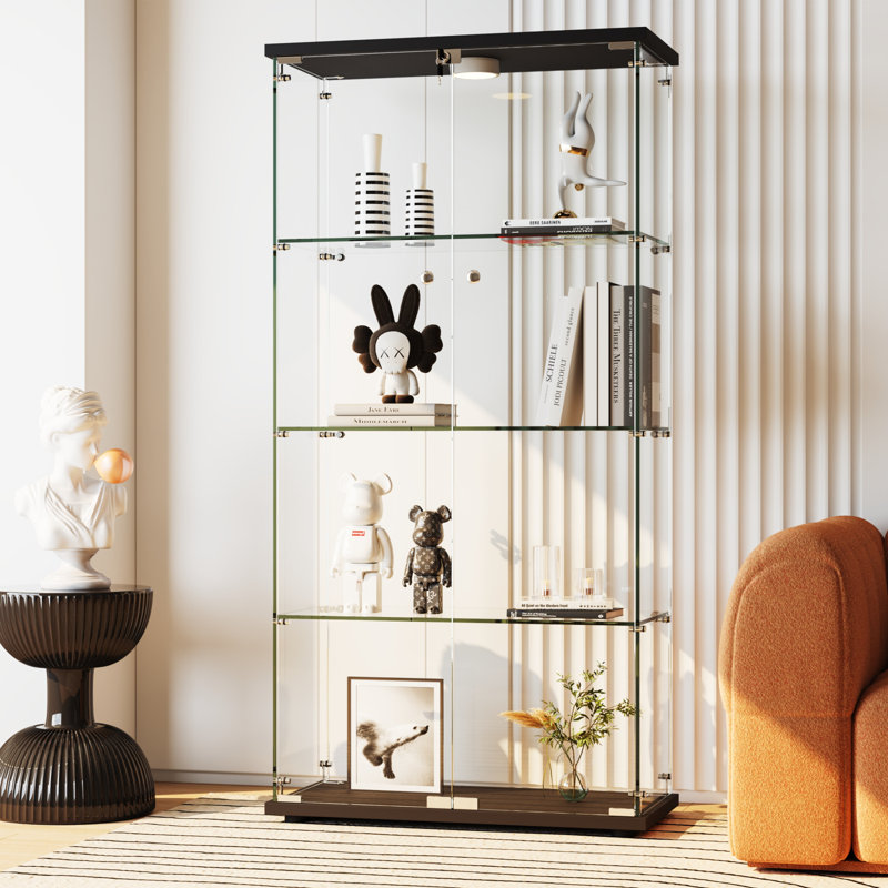 Vitrine moderne en verre 4 tablettes doubles en verre trempé avec serrure 13 lumières DEL DEL Motion DetectQuickInstall