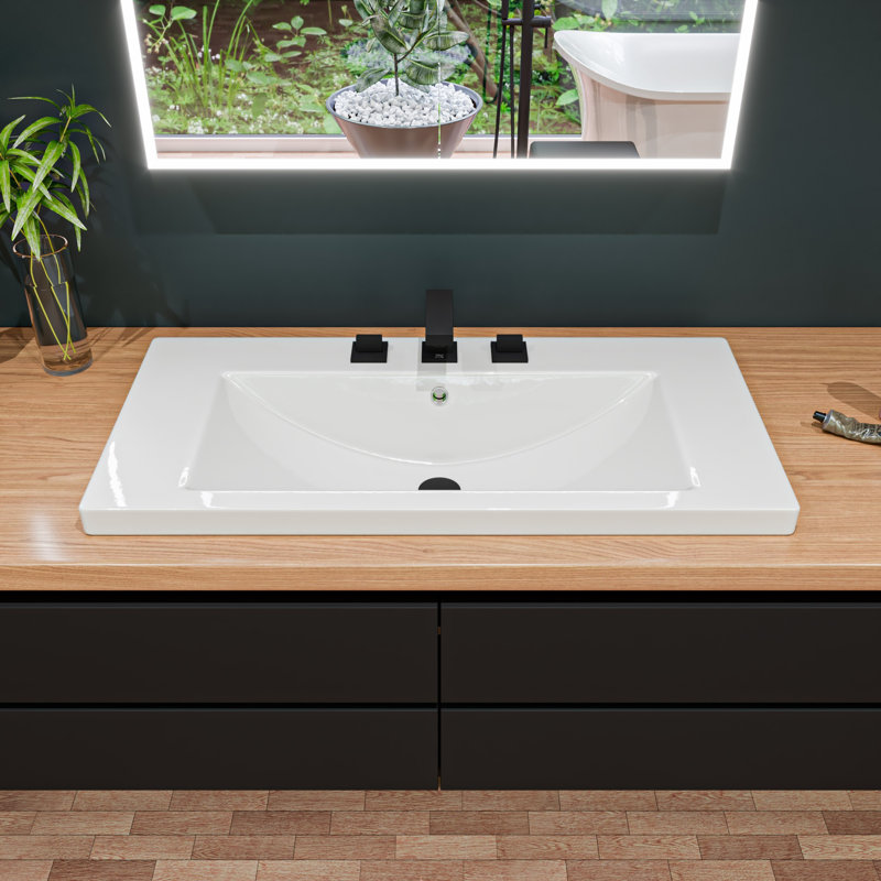 Lavabo de salle de bain rectangulaire encastré en céramique avec trop-plein