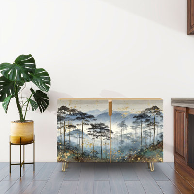 Sideboard Buffet Cabinet with Storage Vertical Steep Terrain Pine Forest Watercolor Mountain Haze with 2 Doors for Living Room and Kitchen