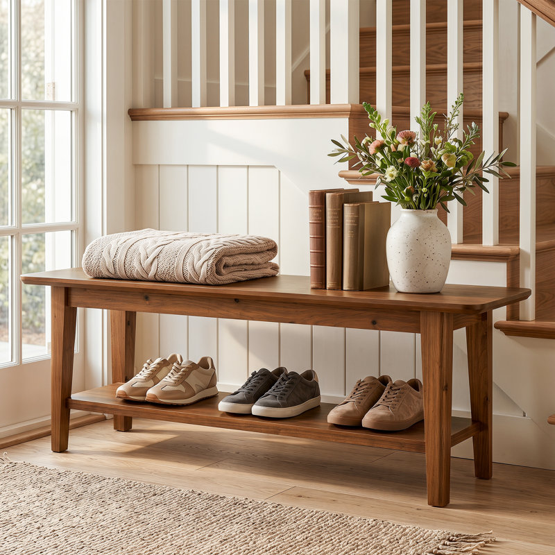 Upholstered Bench with Shelves
