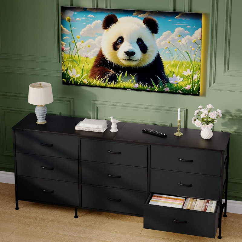 Meuble télé 63 po avec 9 tiroirs en tissu, plateau en bois et console média en métal, profondeur de 27 po, Noir