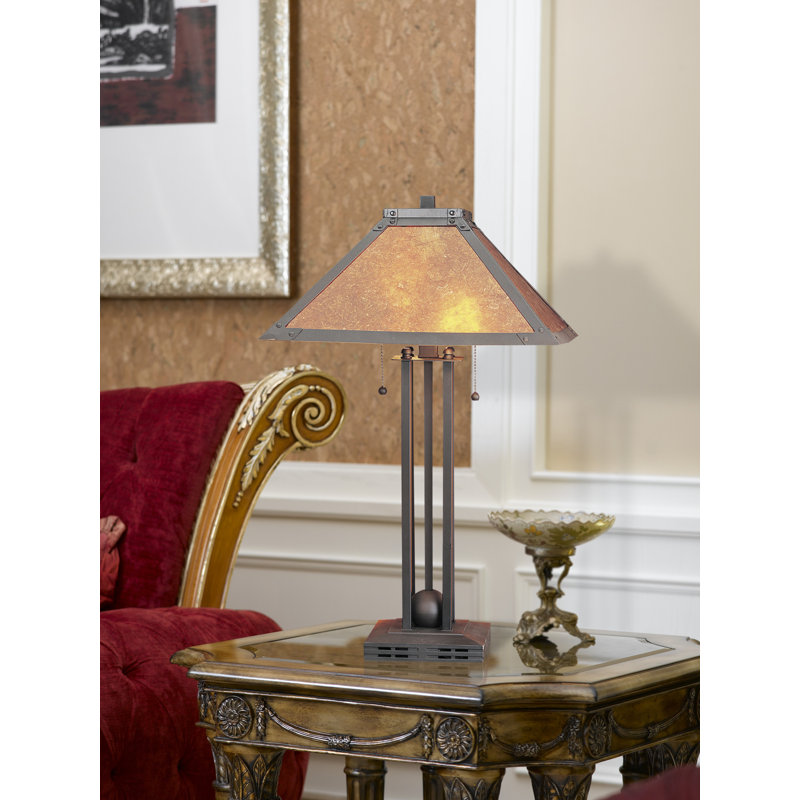 Lampe de table 25 "à deux lumières en métal rouille avec abat-jour carré ambre
