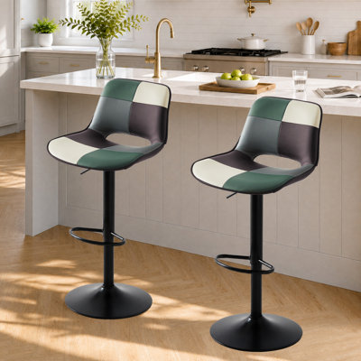 Set of 2 Patchwork Faux Leather Adjustable Height Bar Stool, Sturdy Black Metal Frame for Kitchen Island