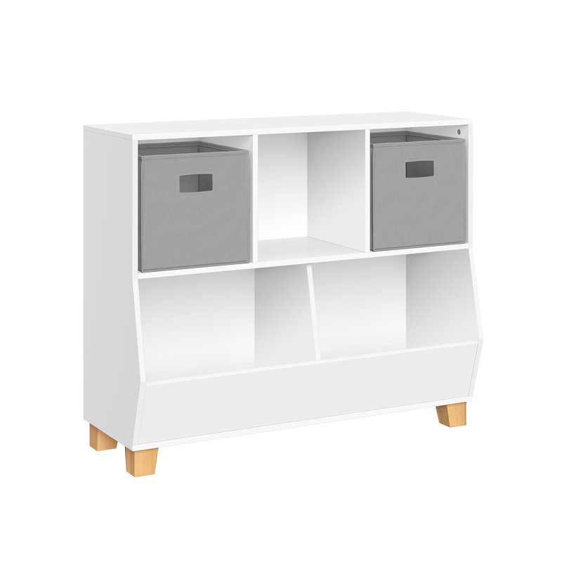 RiverRidge Kids Catch-All Playroom 35in Toy Storage Organizer with 3 Cubbies and 2 Storage Compartments - White with 2 Fabric Bins