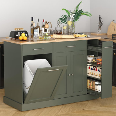 Kitchen Island on Wheels with Trash Can Storage, Portable Island Table for Kitchen