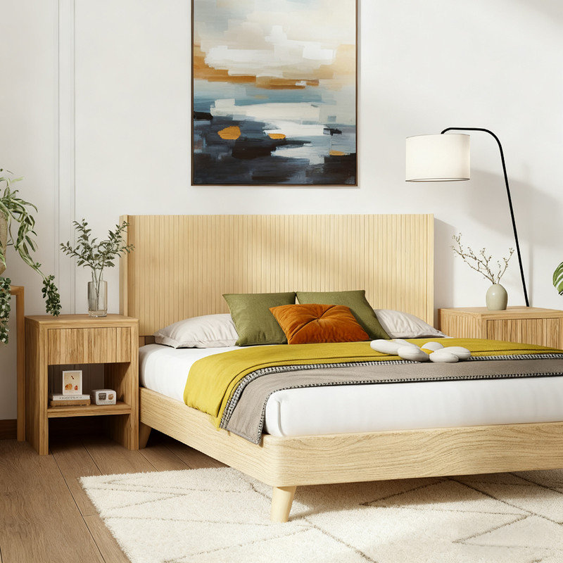 Modern Farmhouse Wall-Mounted Wooden Headboard, Fluted Panel with Wingback Design,  Light Natural, Queen