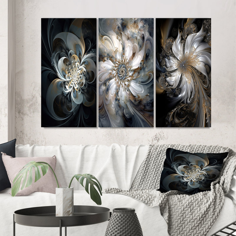 «Blossoming White Fractal Flower II», 3 pièces sur toile, Toile tendue, H 28 po x l 36 po