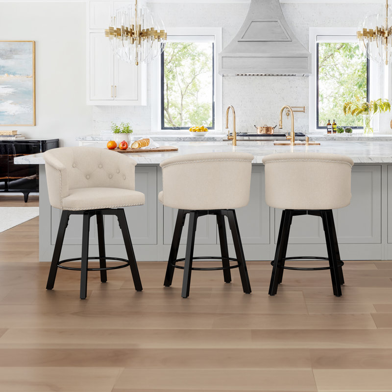 Ensemble de 3 tabourets pivotants avec siège rembourré et structure en métal, Lin lin