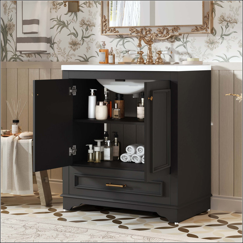 Meuble-lavabo 30 po avec détails sculptés et tiroir français, Black/Gold