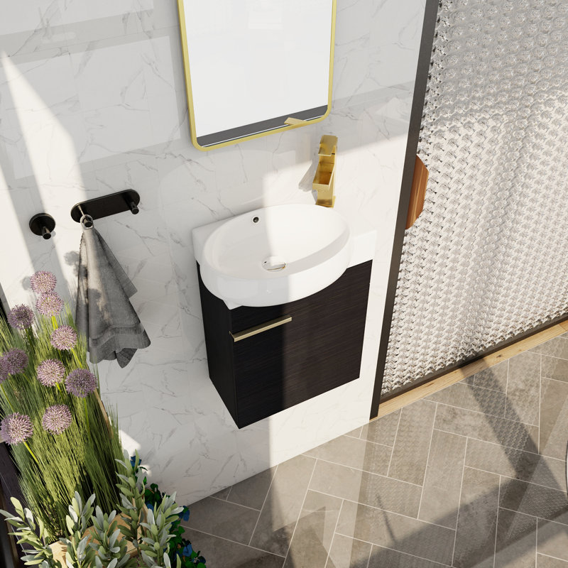 Meuble-lavabo mural avec lavabo en céramique et porte à fermeture en douceur, Noir châtaignier
